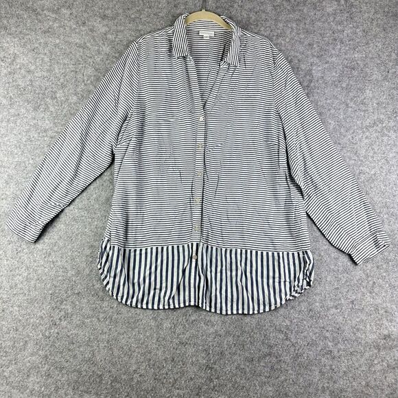 J Jill Tunic Top Womens XL Blue Striped Button Rayon Lightweight Coastal Beach* - Picture 1 of 14